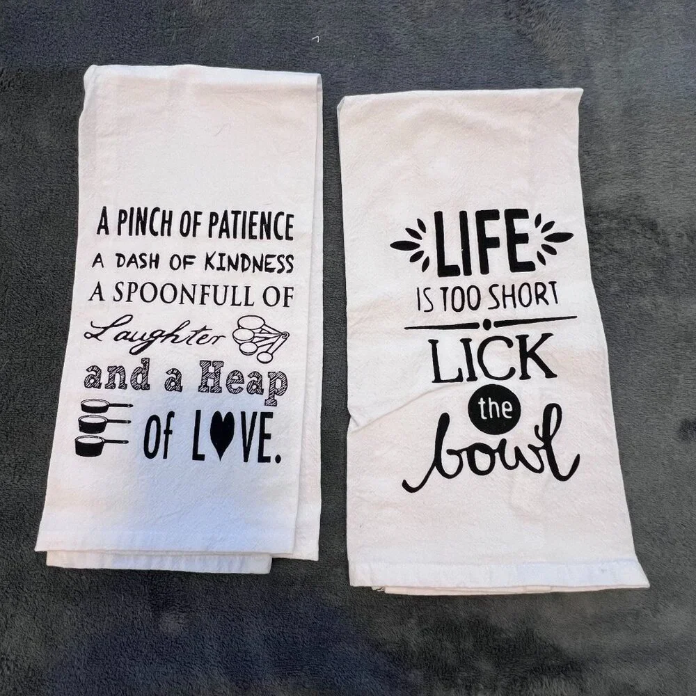 Set Of 2 Kitchen Towels With Cooking Quotes 100% Cotton White 26